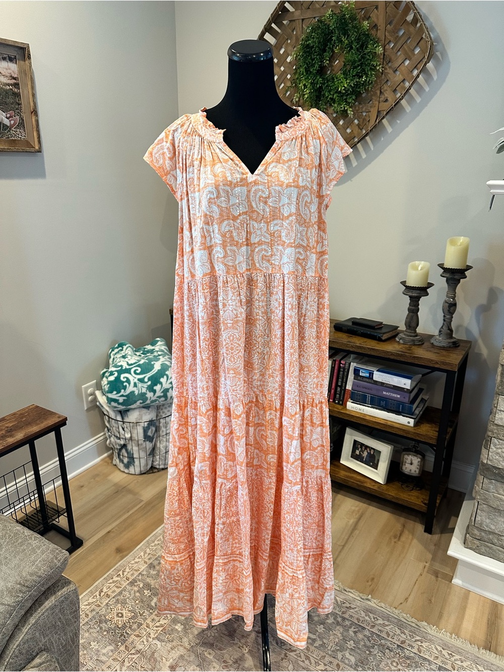 Wonderly Coral Paisley Tiered V-Neck Maxi Dress